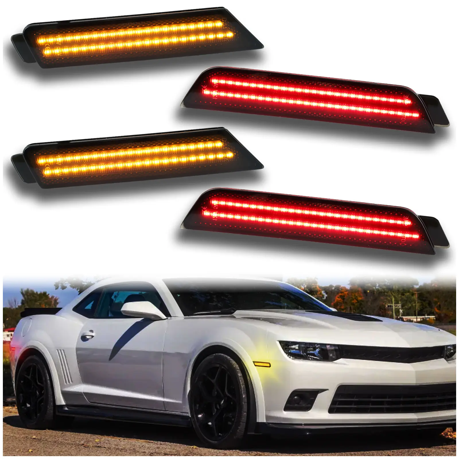 Smoked Lens LED Side Marker Lights Kit - 4pc ABS Durable Chrome Plug & Play Direct Replacement for Chevy Camaro 2010-2015, Easy Install with Amber Front, Red Rear Turn Signals, Manufacturer Warranty