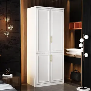 FUFU&GAGA 4 Door Wardrobe Closet with Shelves, Armoires and Wardrobes,with Hanging Rod,Gold Metal Handles,for Bedroom White (31.7”W x 19.3”D x 74.9”H) Furniture
