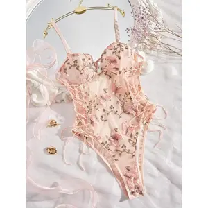 Women's Floral & Butterfly Embroidery Lace Up Sheer Sexy Bodysuit, Adjustable Strap Backless Sleeveless Bodysuit for Summer, Fashion Women's Clothes for Daily Wear, Strappy, Soft Lingerie