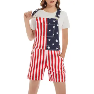 America 250th Anniversary Stretchy Denim Bib Pants Shorts for Men and Women – 4th of July Red White Blue Romper, Breathable Lightweight Coveralls for Parade Fireworks, Patriotic Gift for Couples, Daily Hiking Workout Romper
