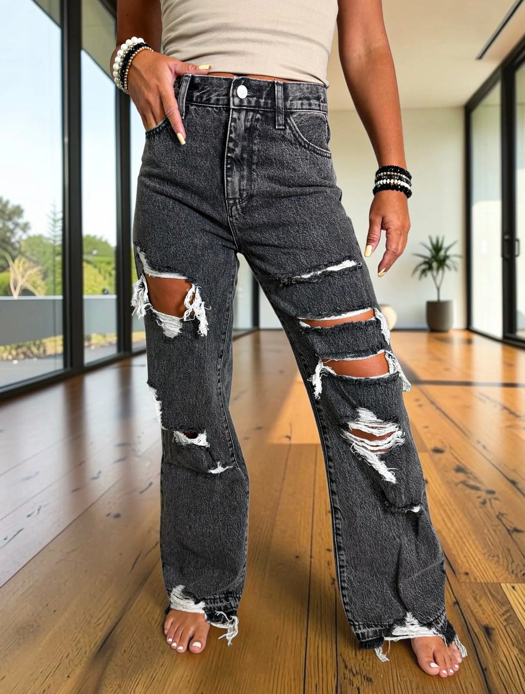 Drunken Nights Distressed Wide Leg Jeans