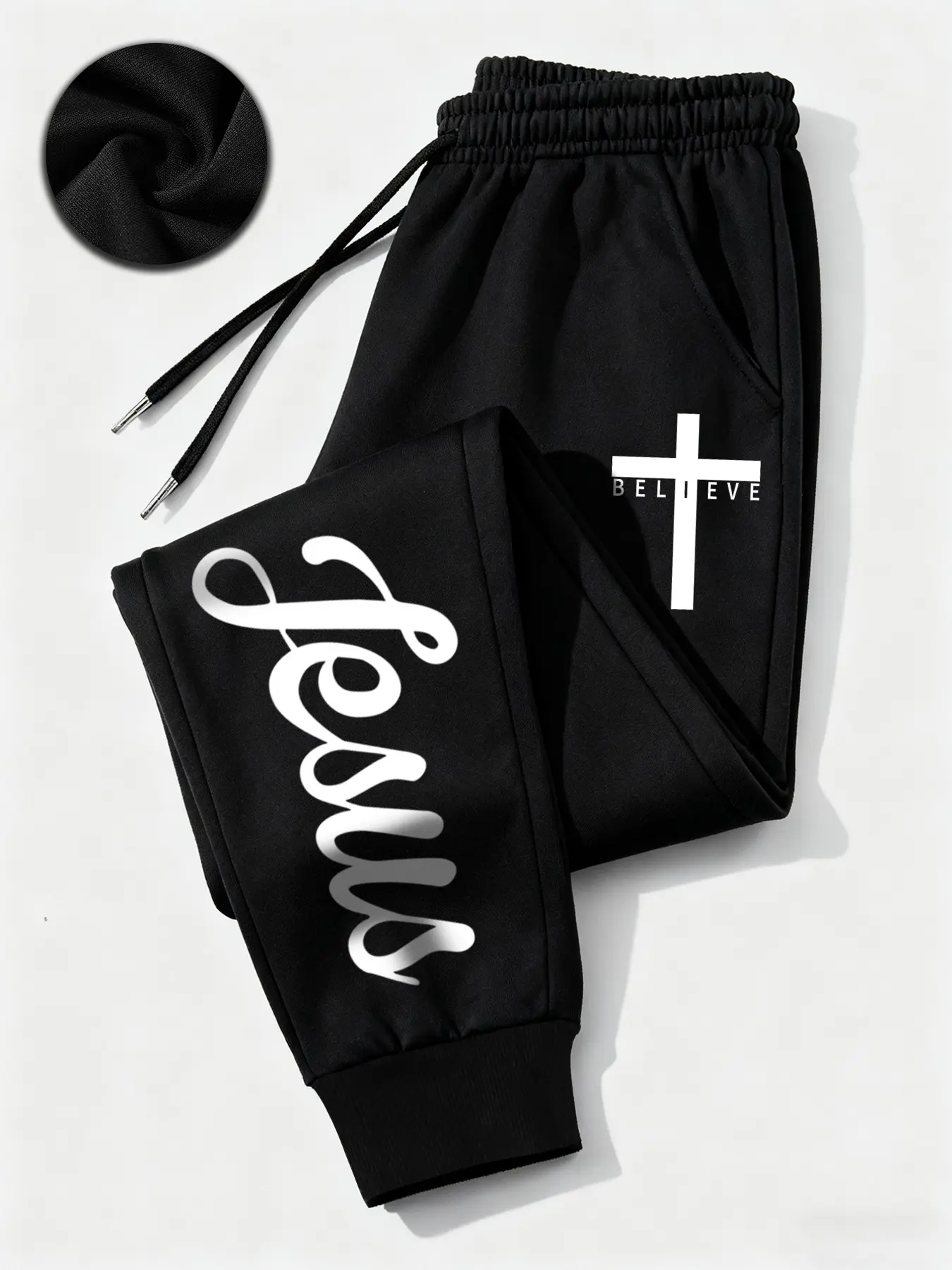 Men's 'jesus Believe' Graphic Print Pants with Handwritten Style and Cross Logo, Soft Comfortable Fabric for Casual Street Fashion and Faith-Inspired Outings