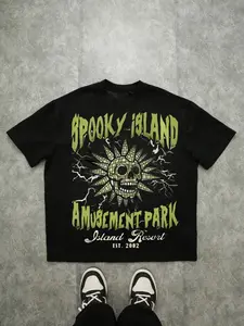 Gothic Style Spooky Island Graphic Short Sleeve Fitted Distressed T-Shirt, Dark Vintage Skull Print, High Street Casual Wear, Unisex Streetwear