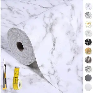 2-Layer Non Slip Waterproof Drawer & Shelf Liner, 12in x 20Ft Non Adhesive White Marble Shelf Paper for Kitchen Cabinet Refrigerator Bathroom, with Knife and Tape Measure