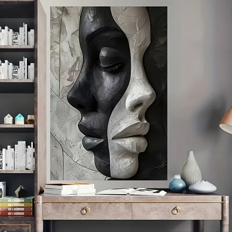 1 Piece Modern Black and White Female Face with Wooden Frame, Two Faces in Dialogue, Exploring Self and the Unknown Canvas Art Print, Inspirational Wall Art Poster, Suitable for Home, Living Room, Bedroom, Office, Restaurant, Bar Room Decoration