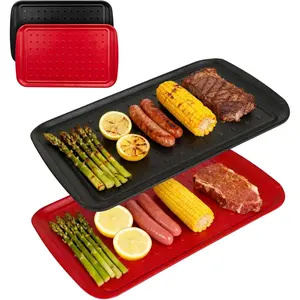 17 Inch Grilling Prep & Serve Trays with Non-Slip Base, Extra Thick,Warp-Resistant BBQ Platter Set for Cooking, Backyard Parties,Camping,Tailgating,Large Serving Trays for  Prep,Red & Black