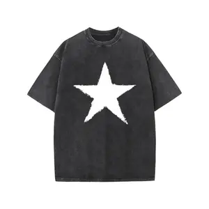 "Star" Print Washed Cotton T-Shirt  Heavyweight Unisex Tee for Casual Streetwear, Vacation & Summer Daily Wear