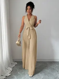 Elenzga Women s Solid Color Lapel NeckMetal Double Breasted Pleated Wide Leg Sleeveless Elegant Jumpsuit - Khaki