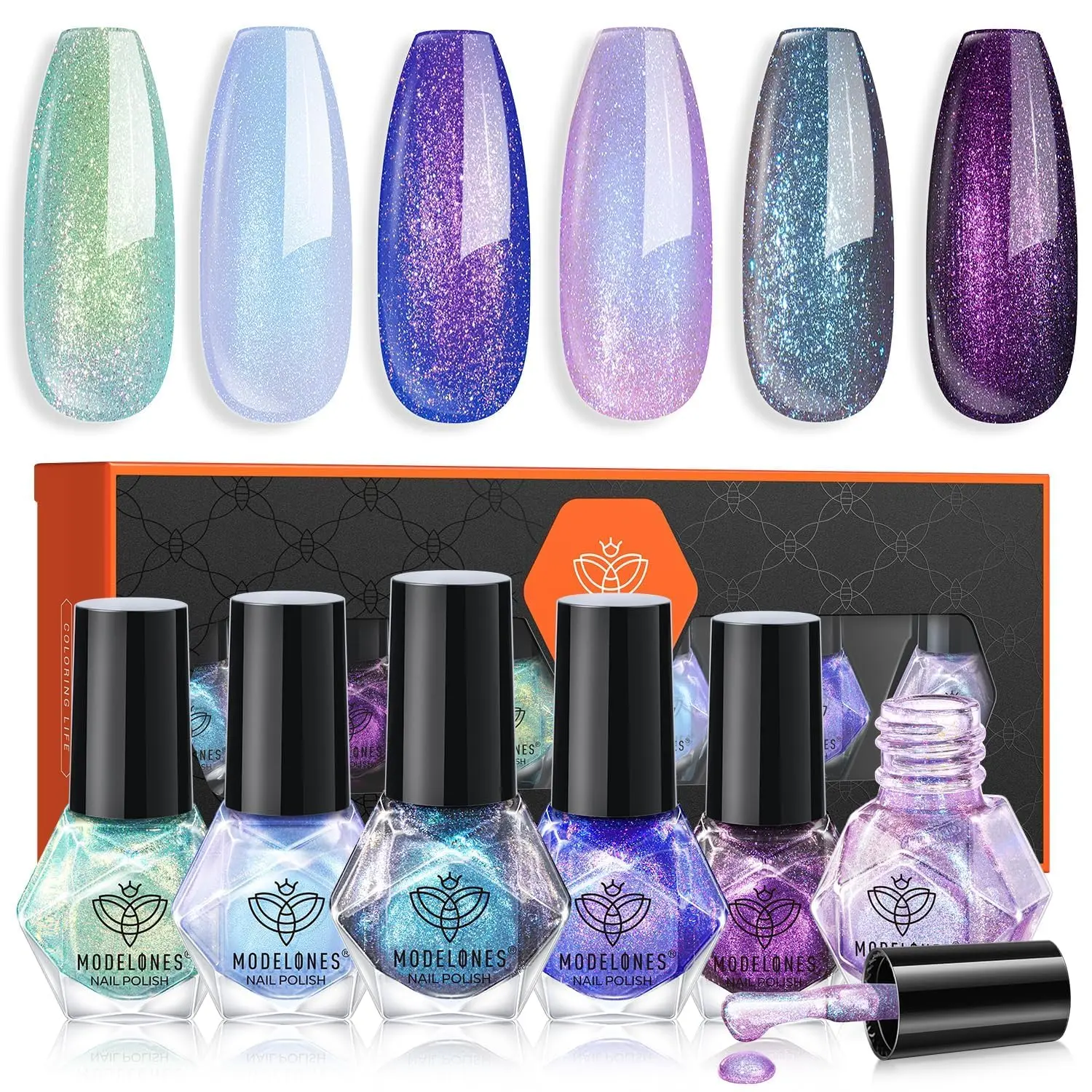 Modelones Quick Dry Nail Polish Set, 6 Colors Holographic Aurora Shimmer | Chameleon Green Glitter Pink Blue Purple, Mini Nail Lacquer Kit Gray Nail Art Manicure Gift For Women Girls