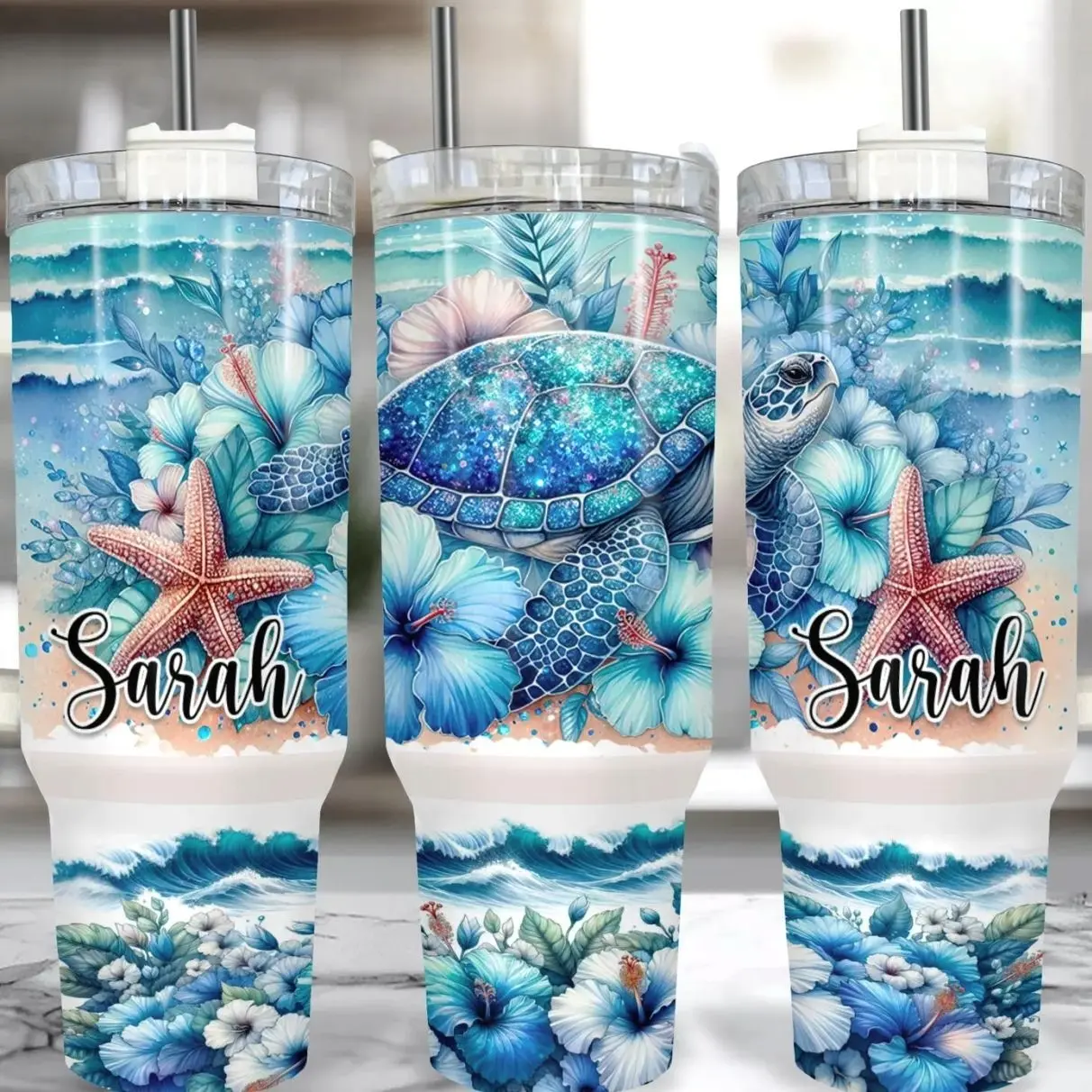 Sea Turtle 40 oz Tumbler With Handle | Personalized Sea Turtle Gift for Her | Floral Turtle Beach Cup with Straw
