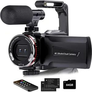 4K Video Camera Camcorder, 64MP UHD Vlogging Dual Camera for YouTube, 21X Digital Zoom IPS Screen Vlog Camera with External Microphone, Stabilizer, Remote, 2 , Remote, Memory Card
