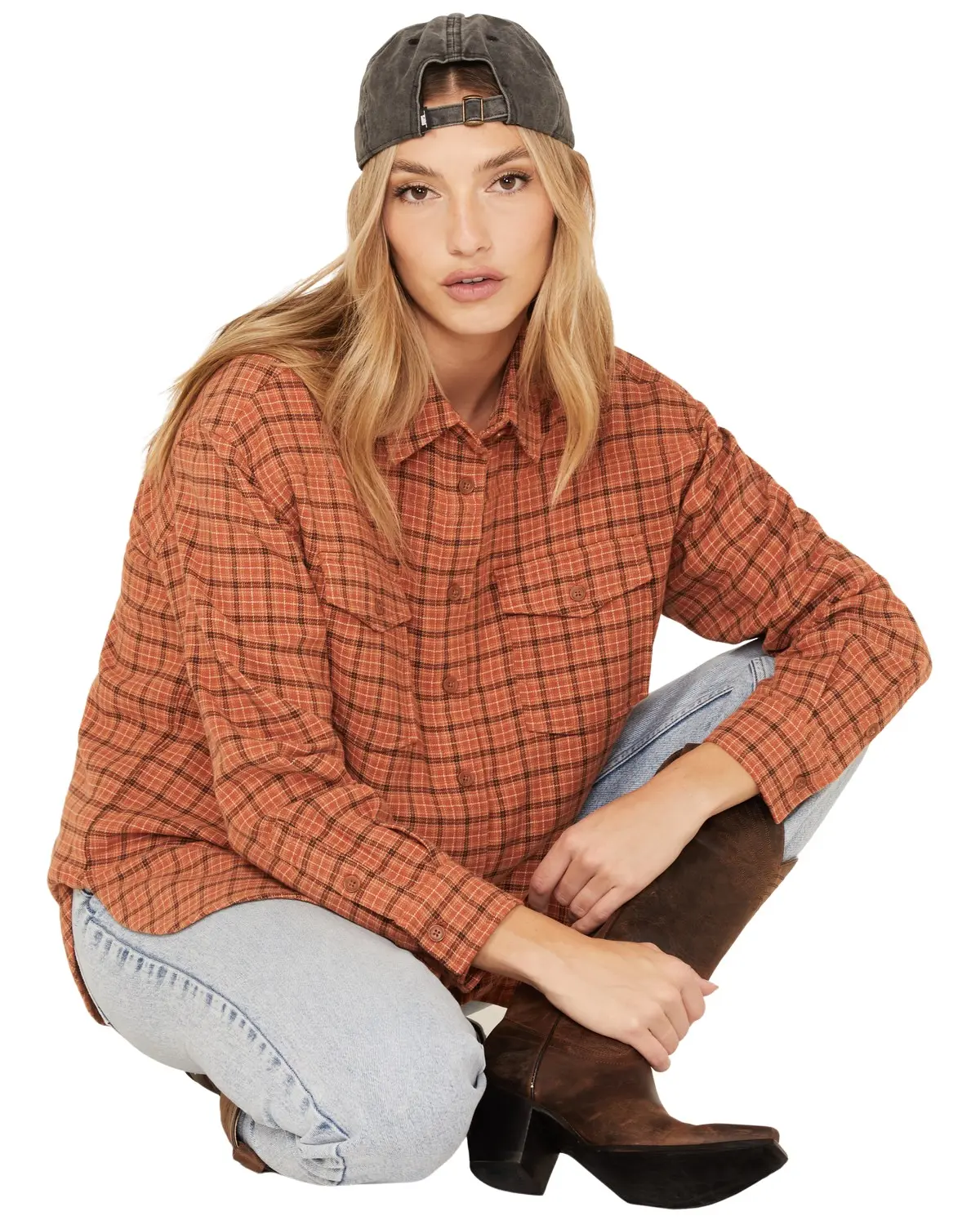 Cleo + Wolf Women's Women'S Plaid Print Oversized Long Sleeve Flannel - Clfa22w34-Cognac