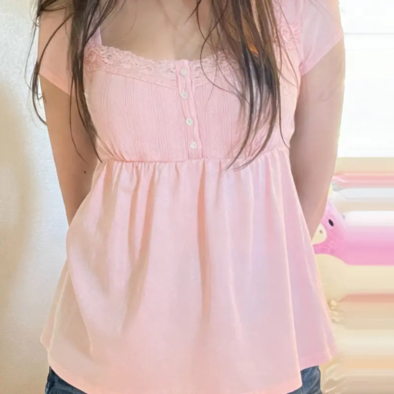 Women's Summer Lace Trim Square Neck Button Front Blouse, Loose Fit Short Sleeve Chic Casual Top, Sweet Cute Solid Color Blouse