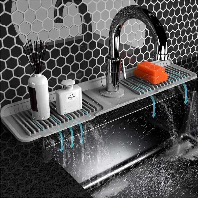 Kitchen Sink Silicone Folding Faucet Mat, 24 Inch Splash Guard, 6° Slope Water Draining Mat, Bathroom Sink Protector, Sink Accessories for Kitchen Household Items Cleaners,Gray Silicone Fasten Button Mat, Water Flow Control for Kitchen and Bath