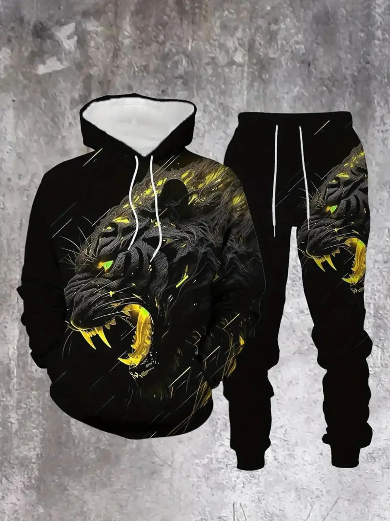 Men's 3D Tiger Print Hooded Sweatshirt Set, Sporty Athleisure Street Fit Polyester Fabric, Lightweight & Comfortable, Sports Casual Wear, Casual Athletic Wear, Casual Sportswear Outfit, Fall & Winter Casual Wear, Long Sleeve Fitted Design