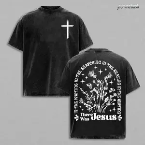 Vintage Washed Oversized Short-Sleeve T-Shirt, White Cross on Front Left Chest, Back Graphic with 'IN THE WAITING...' Text, Floral Butterflies & 'There Was Jesus' Phrase - Casual Christian-Inspired Summer T-Shirt for Women Men