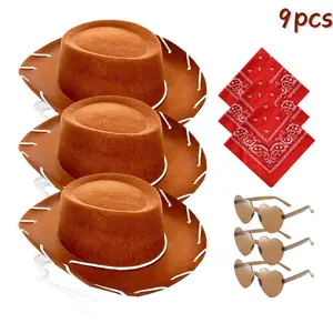 9-Piece Small Western Cowboy Hat Set, Adjustable String Design, Party Accessory Kit, Includes Scarf & Glasses, Perfect for Costume Parties