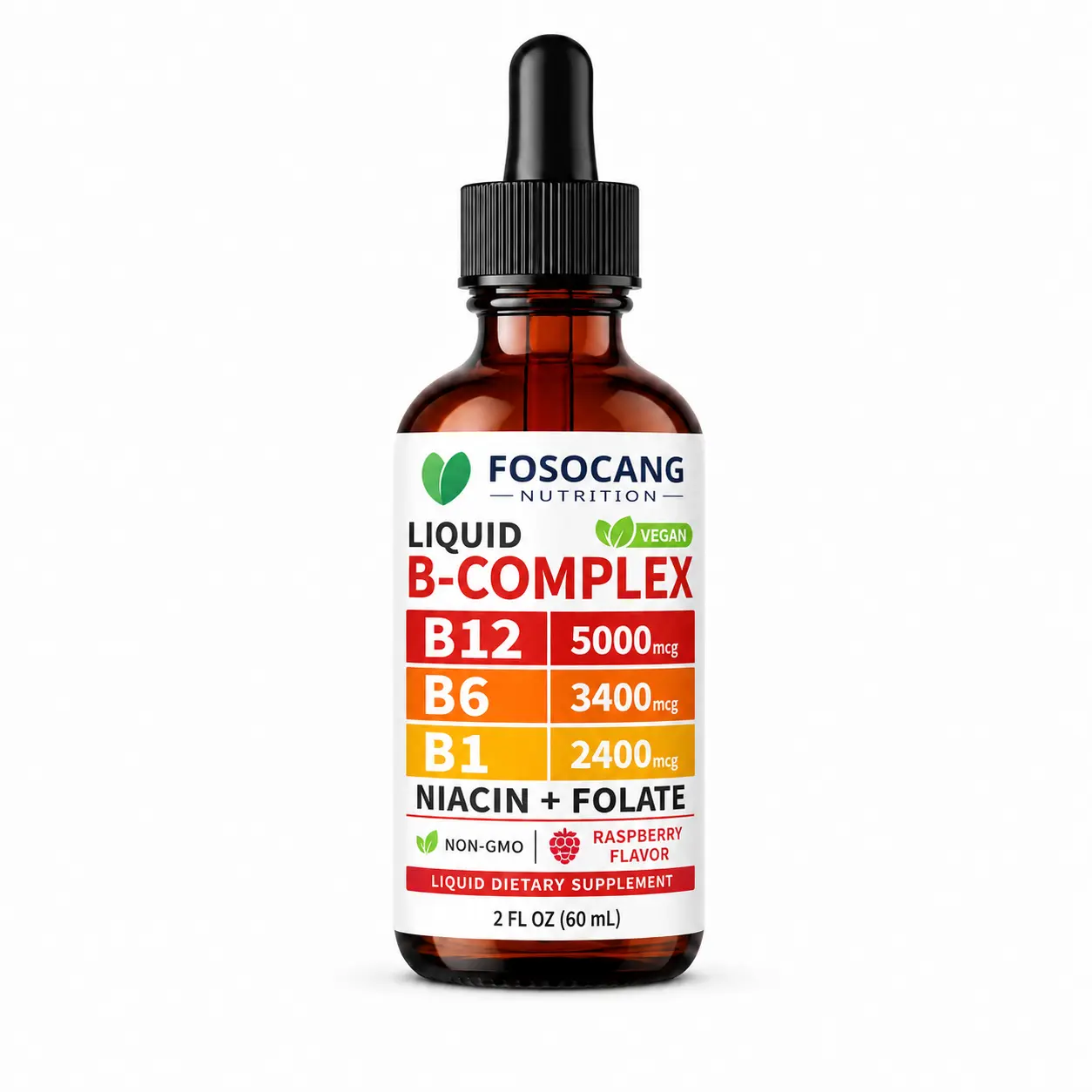 FoSoCang Vitamin B12 Liquid Supplement Drops with B6, B1, Niacin & Folate - Edible Support for Energy, Brain & Heart, Non-GMO & Gluten-Free, 4 FI Oz