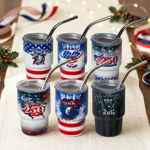 America 250th Anniversary Mini Tumbler with Metal Straw｜Patriotic 304 Stainless Steel Small Cup｜6 Designs｜USA 1776-2026 Insulated Shot Glass｜4th of July Gift Drinkware