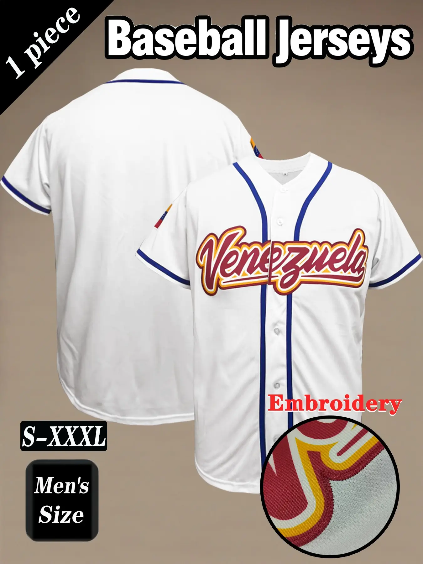 Men's 2026 New Embroidered Baseball Jersey, Venezuela Letter Embroidery High-Quality Sportswear, Loose Fit Breathable Fabric, Casual Street Style
