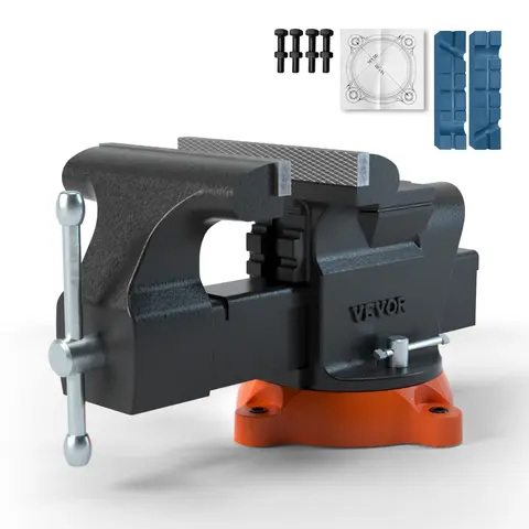 VEVOR Industrial Heavy Duty Cast Iron Bench Vise Full Kit, 6-in Serrated Steel Jaws (5.9-in Opening), Rust-proof Coat, 360° Swivel Locking Base with Anvil, Flat & Tube Metal Parts Clamp with Bolts & Nuts, for Drilling, Pipe Cutting