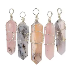 Pink Opal Wire Wrapped Crystal Point Pendants Set of 5 — Silver Wire Crystal Jewelry