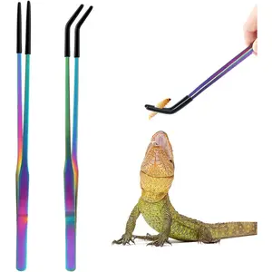 Stainless Steel Reptile Feeding Tongs with Rubber Tip - 10.6" Straight & Curved Tweezers for Aquariums & Crafts - Feeder Tools for Bearded Dragons & Lizards - Terrarium Tank Supplies - 2 Pack