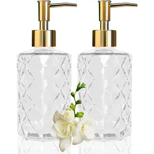 Crystal Clear Glass Soap Dispenser with Gold Pump, 2 Pack 12oz Diamond Hand Soap Dispenser, Refillable Lotion Dispenser & Dish Soap Dispenser, Bathroom Soap Dispenser for Liquid, Shower Gel