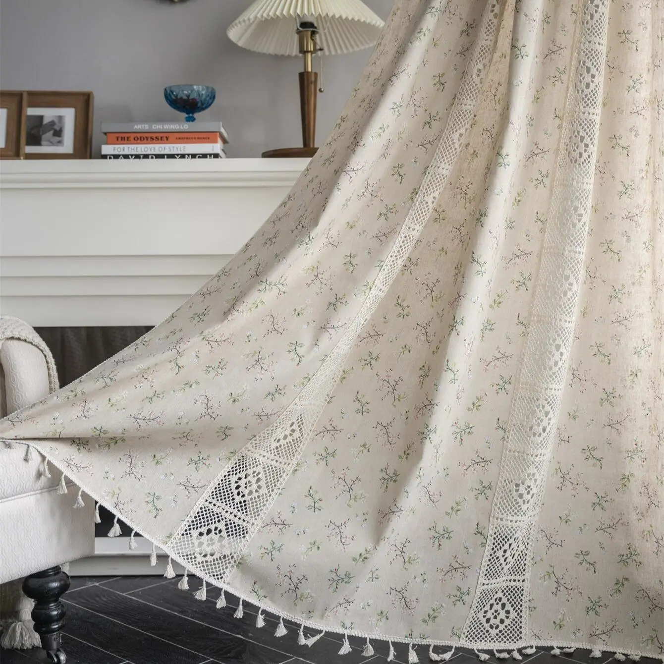 Boho Floral Print Hollow Out Design Tassel Trim Curtain, 1 Piece Modern Simple Half Blackout Curtain, Decorative Curtain for Home Living Room Bedroom