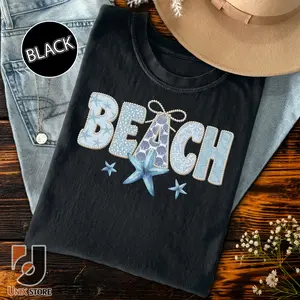 Coquette Beach Vacation T-shirt, Coastal Floral Pearl Faux Shirt, Blue Sea Shell Patchwork T-shirt, Beach Life Tee, Trendy Ocean Coquette Pearl