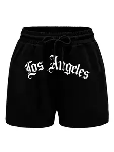 Men's "Los Angeles" Gothic Lettering Shorts - Classic Black & White LA City Graphic Print, Drawstring Waist Relaxed Fit, Perfect for Streetwear Aesthetic, Casual Daily Wear, Loungewear & West Coast Style Statement Shorts