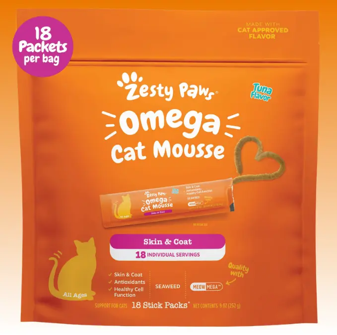 Zesty Paws Omega Cat Mousse - Tasty Topper or Treat for Healthy Skin & Coat, 18 Stick Packs, Omega-3 & 6, Vitamins, Minerals, Antioxidants Supplements