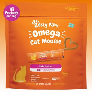 Zesty Paws Omega Cat Mousse - Tasty Topper or Treat for Healthy Skin & Coat, 18 Stick Packs, Omega-3 & 6, Vitamins, Minerals, Antioxidants Supplements