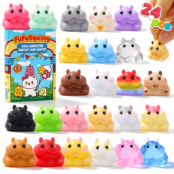 FUFUSQUISHY 24PCS Taba Hamster Squishy Keychain Charms for Kids, Soft Sensory Squeeze Toy Set, Individually Wrapped Packs, Classroom Prizes and Party Favors
