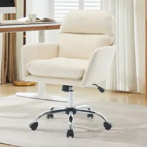 Adjustable Home Office Desk Chair with Comfy Square Mid-Back, Faux Leather 360 Swivel Upholstered Task Armchair with Wheels for Vanity Bedroom/Living Room,White