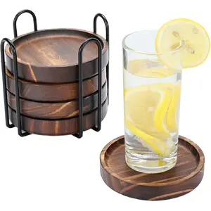 5Pcs Wooden Coasters for Drinks - Natural Wood Drink Coasters Set with Holder for Modern Home Decor,Coasters for Coffee Table Tabletop Protection for Any Table Type, Rustic Outdoor Coasters