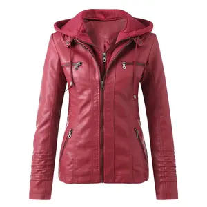 Women's Motorcycle Pu Leather Coat Vintage Brown Black Leather Jacket Long Sleeve Hooed Zipper Coat 2025 Spring Autumn Outerwear