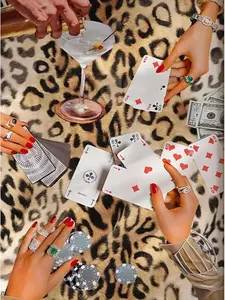 Glam Poker Night Diamond Art - Leopard & Cocktail Design, Full Round Drill Rhinestone Painting, Trendy Decor