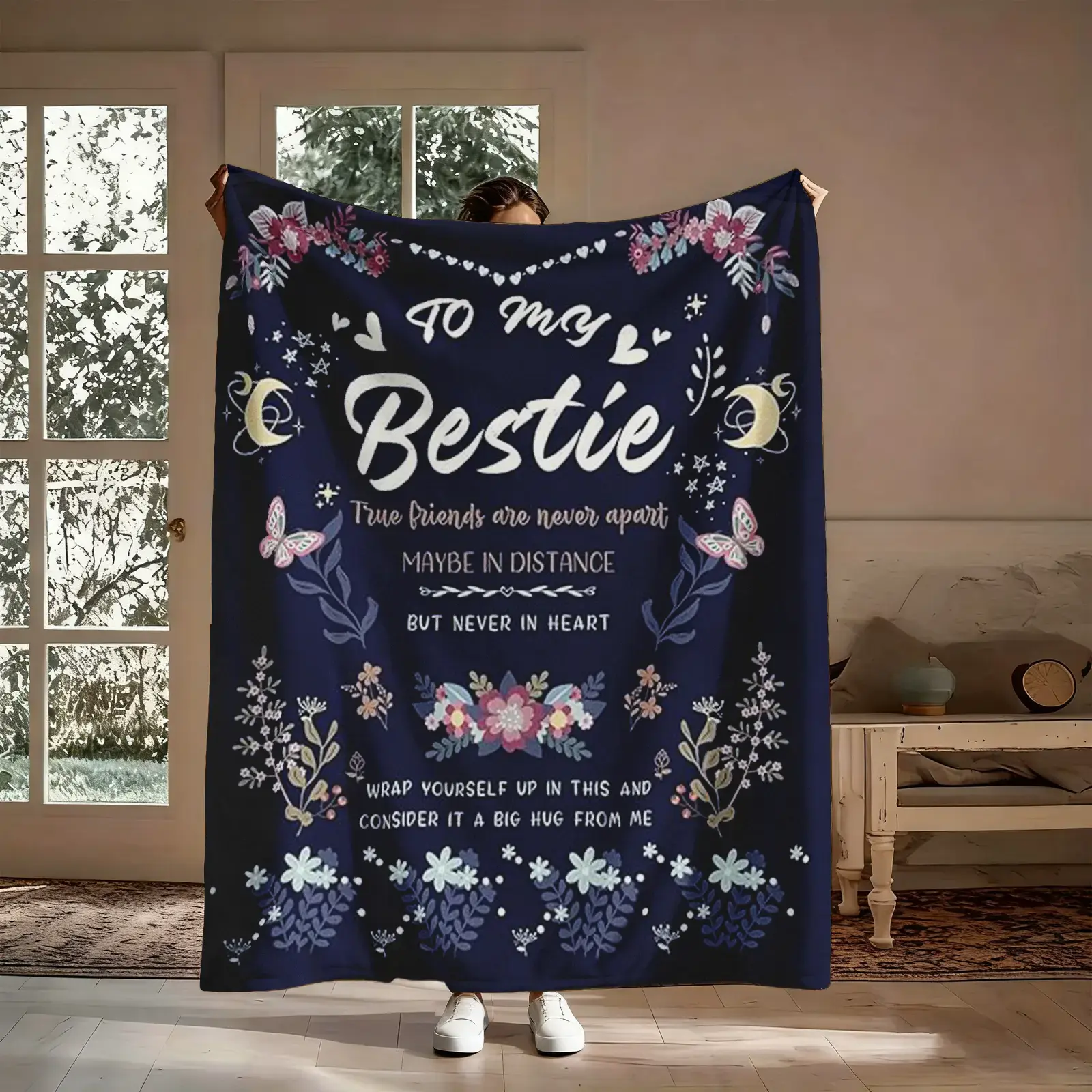 Best Friend Blanket Gift, To My Bestie True Friends Never Apart Big Hug Flannel Throw, Soft Cozy Warm Nap Blanket for Bedroom Living Room Dorm, Sentimental Long Distance BFF Gift for Her Girlfriend, Christmas Birthday Holiday Present