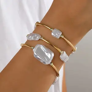 3pcs Set Temperament Luxury Irregular ABS Imitation Pearl Elastic Bracelets for Women Fold Wear Multi-piece Bangles