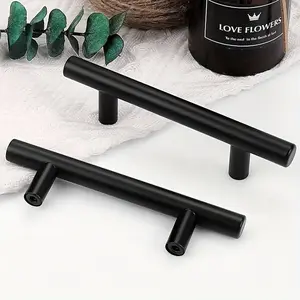 30 Black Stainless Steel Cabinet Handles - 15cm T-Handle Drawer Pulls, Suitable for Living Room, Kitchen and Bathroom Furniture, Eas to Install, Compact T-Handle for Bedroom Kitchen Cabinets, with 60 Screws