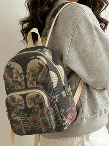 1 piece of skull floral pattern 2D printed lady's backpack, Casual printed backpack, velvet texture + layered storage + light weight reduction, perfect for students to go to class/shopping, combines atmosphere with practicality