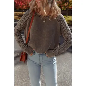 Dark Brown Cable Knit Raglan Sleeve Casual Sweater