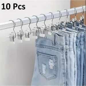 10pcs Stainless Steel Multi-Use Clips with Hooks, Portable Hangers for Laundry, Pants Hangers, 360° Rotating Storage Organizer, Multifunctional Clothes Hanger