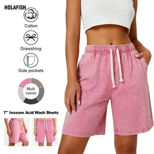 Holafish 1/2Pack Womens Shorts Athletic Vintage Short Acid Washed Shorts Cotton Heavyweight Elastic Waist Streetwear Sweatpants Unisex Design, Perfect for Men & Women