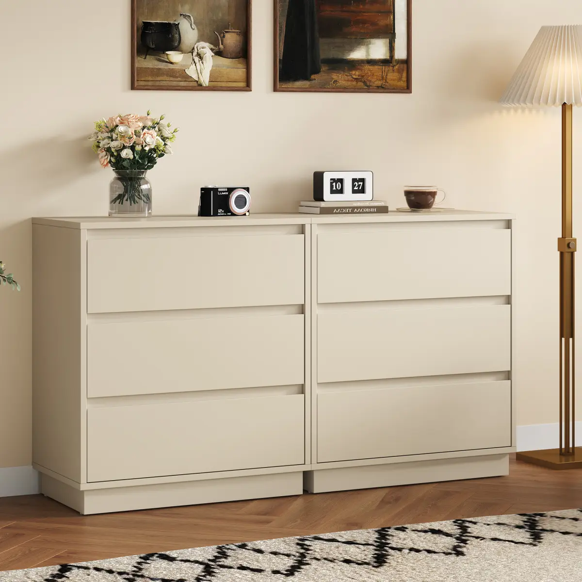 Large 3 Drawer Dresser Set of 2, Modern Nightstand for Bedroom, Wide Bedside Table with Hidden Pull-out System, Wooden Chest of Drawers for Living Room, Entryway, Beige