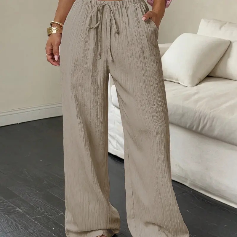 Plus Size Women's Solid Color Drawstring Pocket Wide Leg Pants, Casual All Seasons Fit, Moderate Thickness Woven Fabric, Casual Streetwear Pants, Casual Lounge Pant