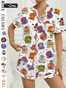 Women's Halloween Print Pajama Set, Casual Comfy Short Sleeve Top & Shorts Set, Ladies Sleepwear for All Seasons, Pajamas Sleepwear, Loungewear