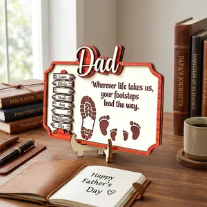 Wooden Desktop Ornament, Engraved Child Name Option, Father's Day Footprint Indicator Gift, Vintage Home Decor, Wherever Life Takes Us Dad Sign