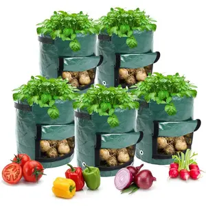 Potato Planting Bags, 5 Gallon Set of 5, Durable Pe Fabric Planter Pots with Flip Lid Harvest Window and Handle, Garden Bags for Onions Fruits Tomatoes Vegetables, Potato Grow Bag